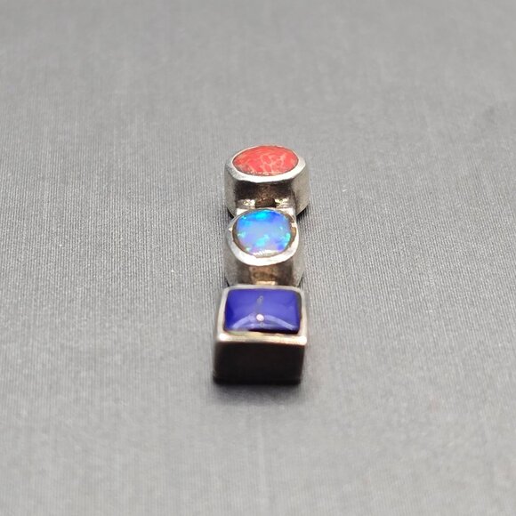 Antique Sterling Silver Multistone Pendant Sponge Coral Opal Lapis Lazuli Hinged - Picture 2 of 12